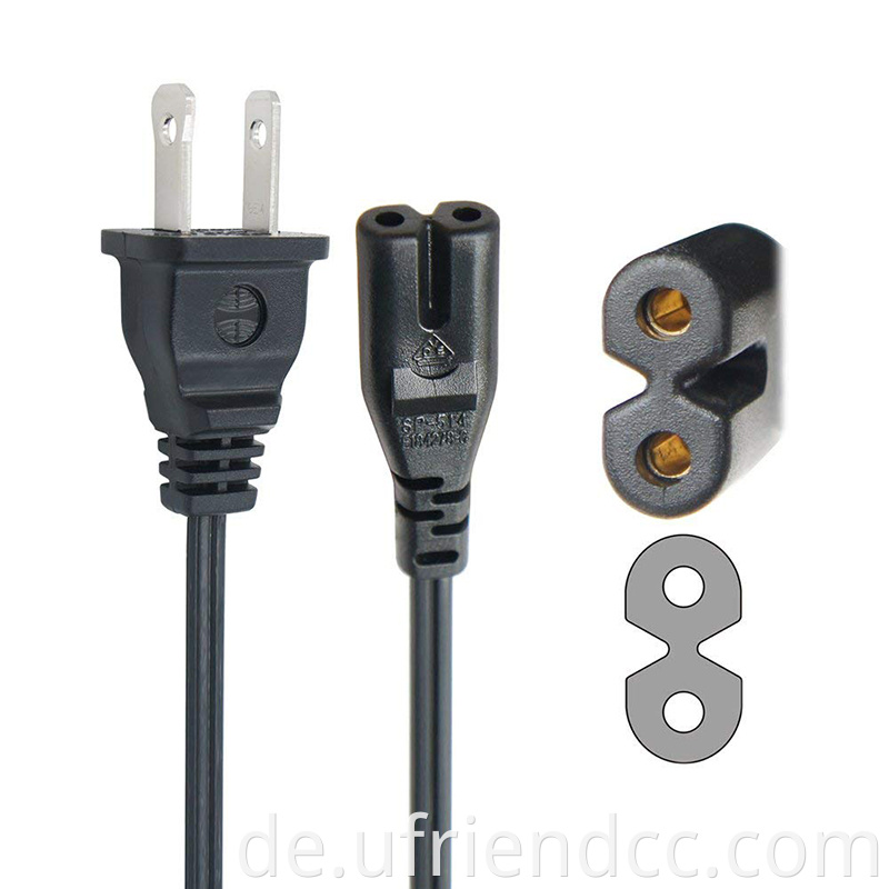 OEM Factory Hohe Qualität 220 V 18AWG 8 Form 2 Stecker Mann mit 2 Schlitz weiblicher US -amerikanischer Stromverlängerungskabel